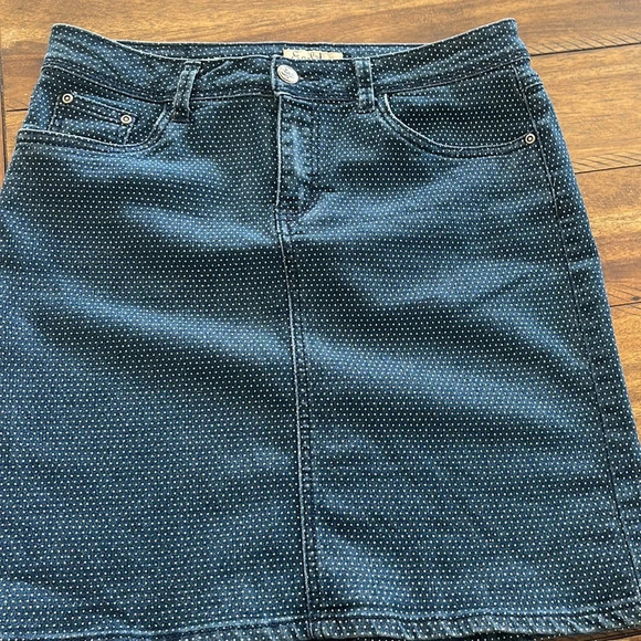 Earl Jean mini Skirt Womens 8 Navy Blue Polka Dot A Line Front Zip light stretch - Picture 12 of 12